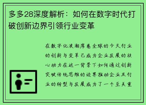 多多28深度解析：如何在数字时代打破创新边界引领行业变革