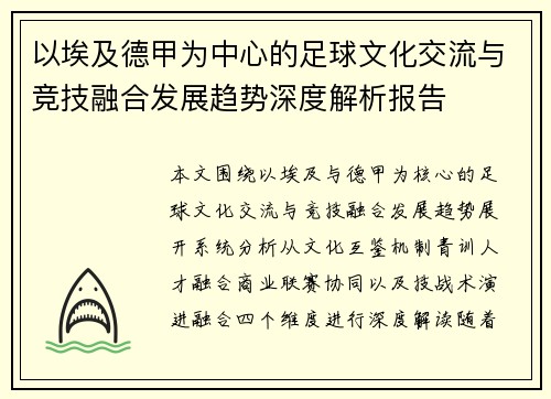以埃及德甲为中心的足球文化交流与竞技融合发展趋势深度解析报告