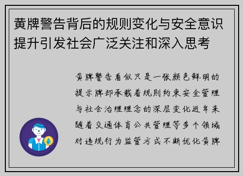 黄牌警告背后的规则变化与安全意识提升引发社会广泛关注和深入思考